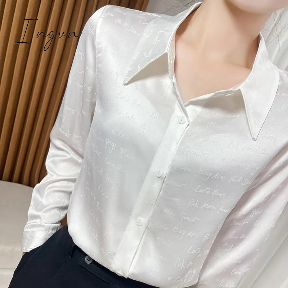 Ingvn - 2023 Spring And Summer New High-Eend Silk Letter Jacquard Shirt Women's Fashion Light Luxury Cardigan Top. Acetate Satin Finish