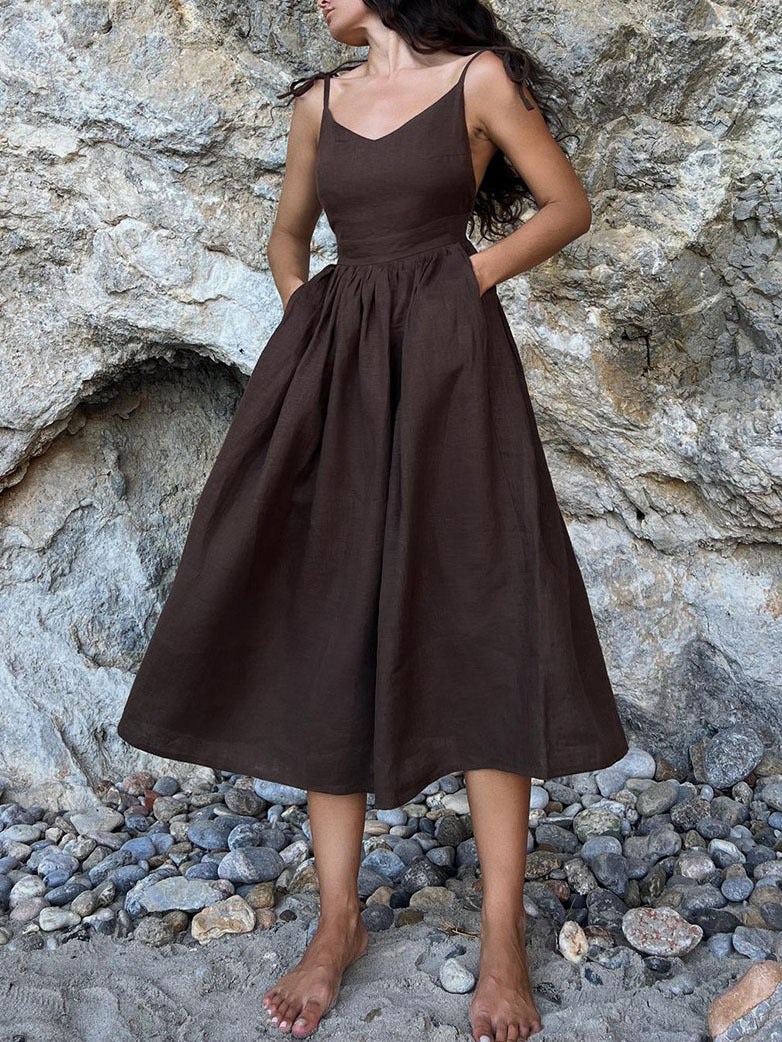 French Holiday Style Sexy Pure Desire Cotton and Linen Strap Backless Strap dress  Women's Clothing