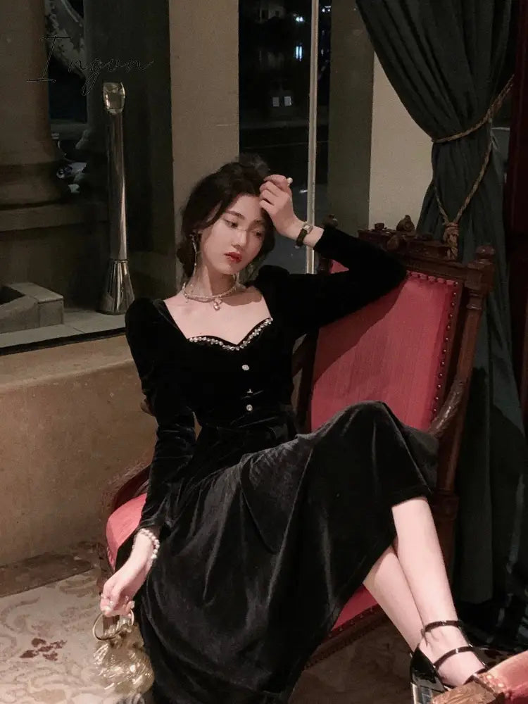 Ingvn - Summer New Elegant Spaghetti Strap Velvet Vintage Black Dress Women Sexy Prom Evening Party Fashion Clothing