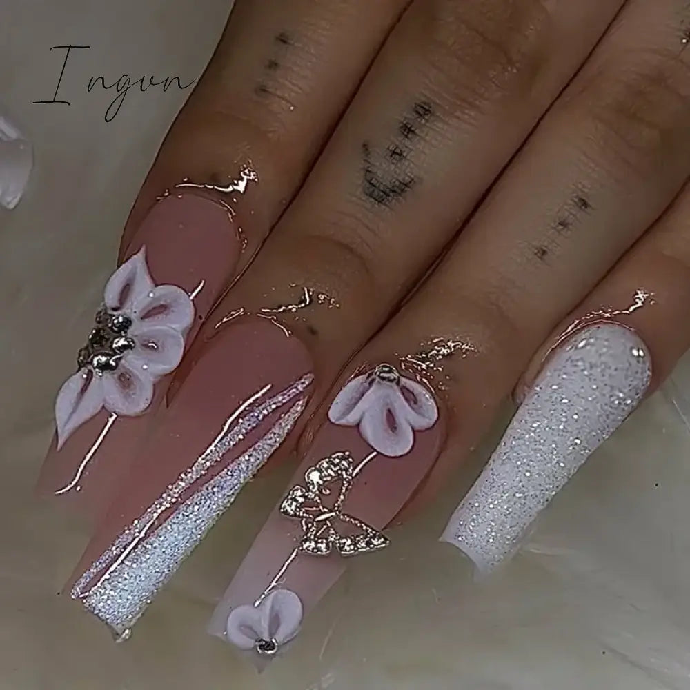 24pcs Artifical Bails With Glue Fake Nail Tips With Design Detachable Press On Nails Long Fake Nail Finished Nail Piece Sticker