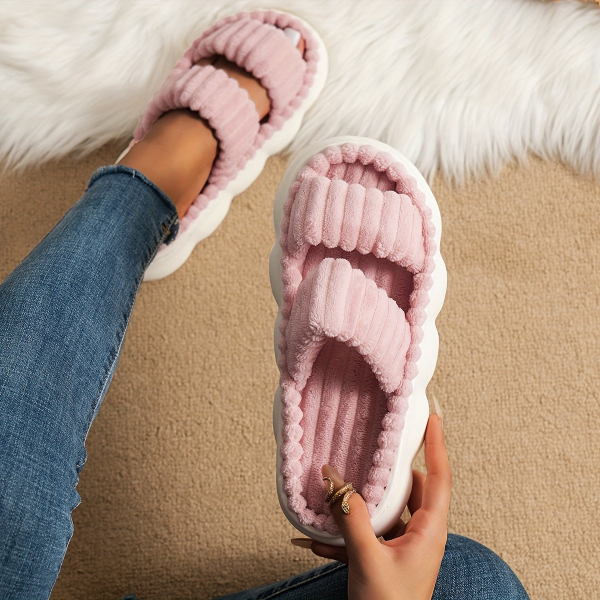 Ultimate Comfort Womens Plush Slippers - Luxurious Platform, Two-Band Open Toe Design, Cloud Soft Sole, Ultra-Fuzzy - Perfect Indoor Sanctuary Slippers for Home