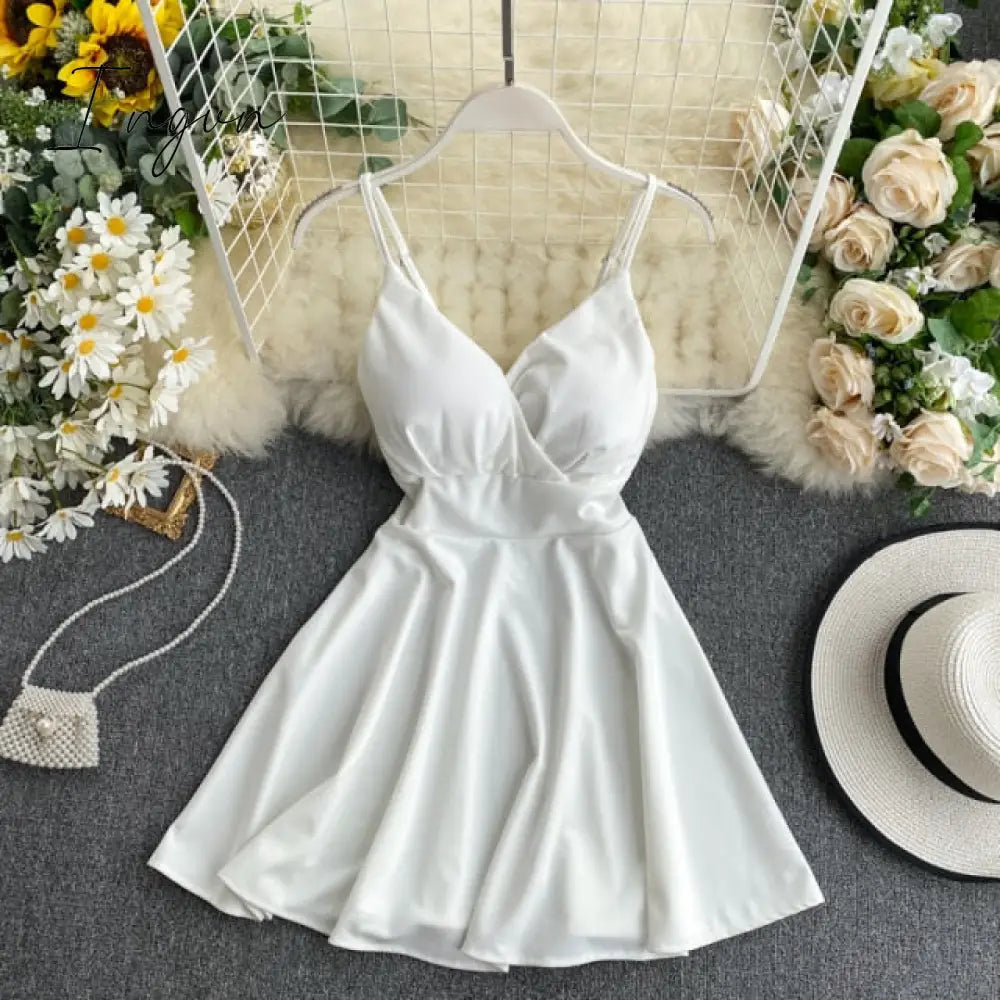 Ingvn - Women A-line Sexy Dress V-Neck Spaghetti Strap Backless Mini Dresses Soild Color Vestidos Slim Trend High Waist For Party