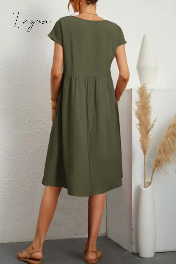 Ingvn - Casual Solid Patchwork O Neck A Line Short Sleeve Dress(11 Colors)