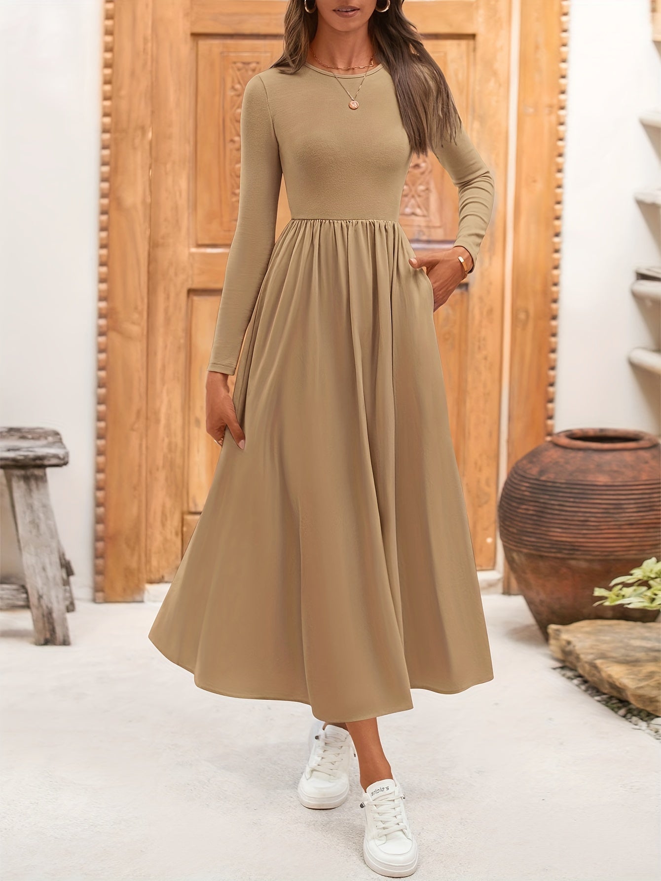 Ladies Casual Long Sleeve Wedding Guest Dress Fall Dress Elegant Bohemian Style Flowing Mid-length Dress With Pockets