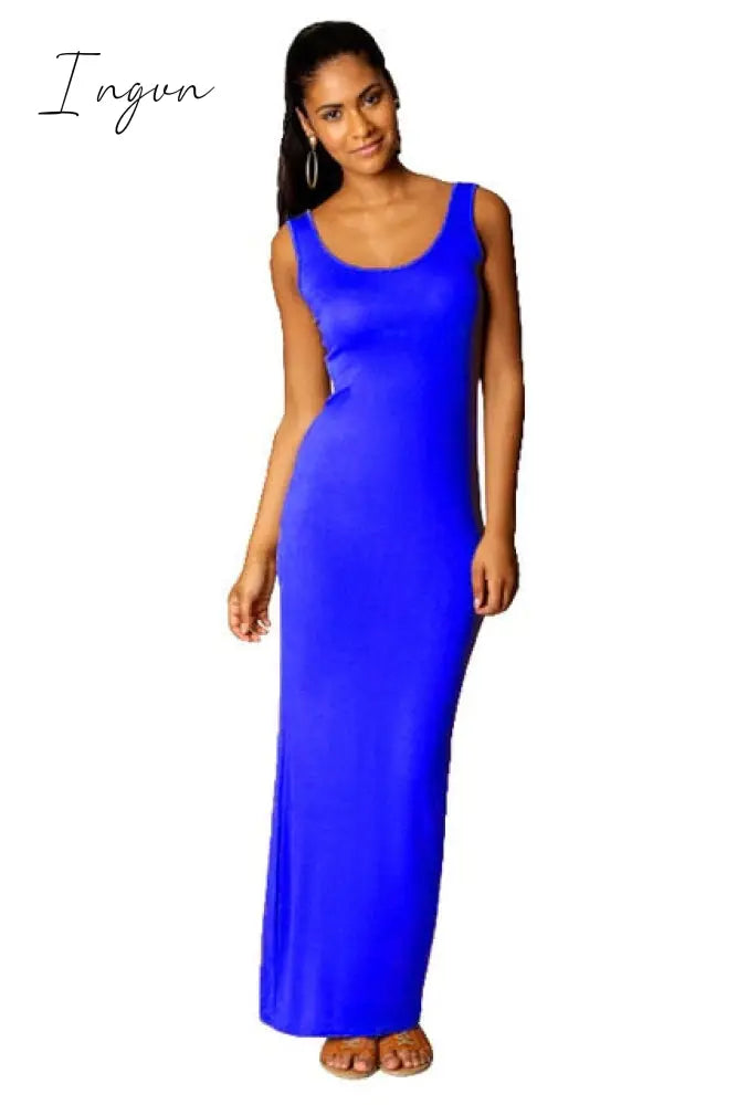 Ingvn - High Stretch Tank Robe Spring Summer Thin Long Dress Vestidos Elegant Women Sexy Dress O-neck Sleeveless Slim Maxi Dress