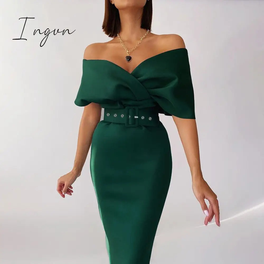 Ingvn - Women Sexy Elegant Off The Shoulder Dresses Autumn Summer Vintage Streetwear Club Party Female V-Neck Dress With A Belt