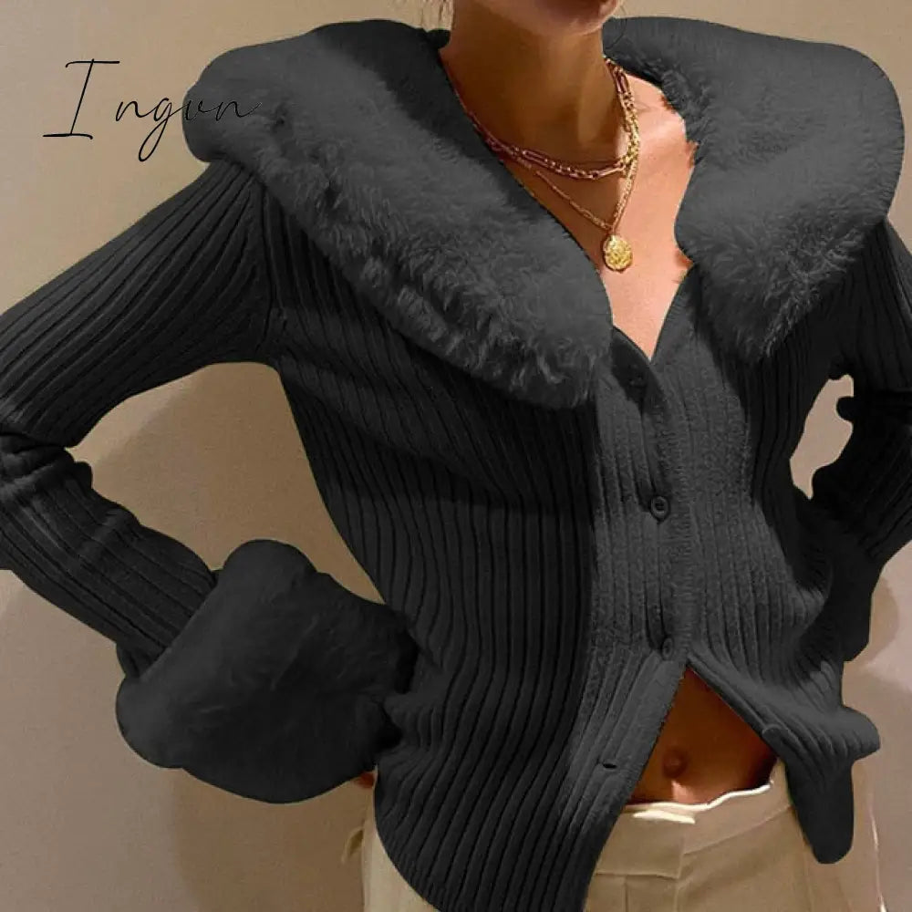 Ingvn - Artsu Ribbed Knitted Cardigans Sweaters With Fur Trim Collar Long Sleeve Slim Autumn Winter Jumpers Women Knitwear 42015