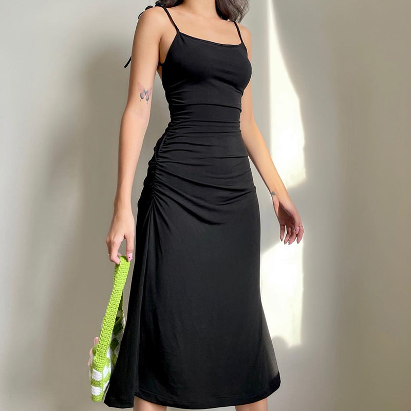 Fashion Strappy Ruched Sexy Black Dress Irregular Elegant Backless Long Dress Party Summer Dresses Women  Clothes