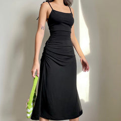 Fashion Strappy Ruched Sexy Black Dress Irregular Elegant Backless Long Dress Party Summer Dresses Women  Clothes