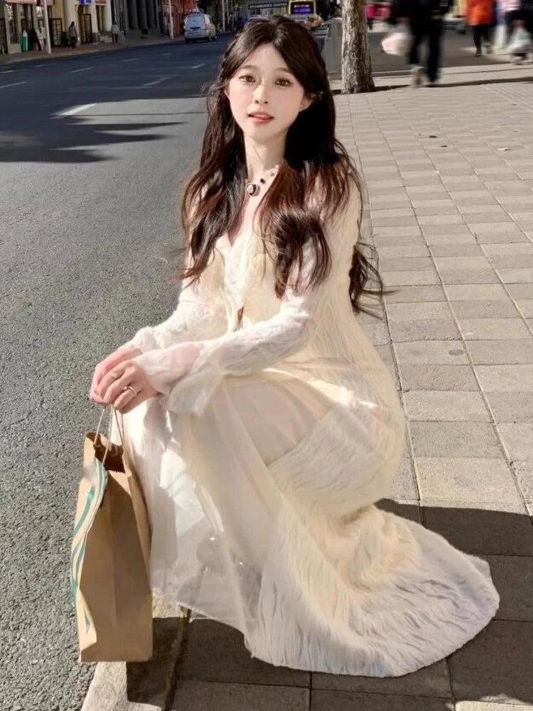 Elegant Party Dresses Woman French Ruffles V-Neck Long Sleeve Princess Mermaid Dress Autumn Spring Chic Vestidos Female Outfits