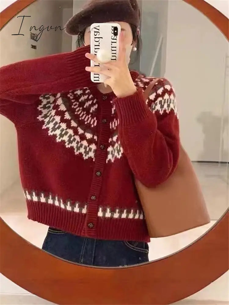 Ingvn - Women's Ugly Christmas Sweater Cardigan Sweater Jumper Ribbed Knit Patchwork Button Geometric Crew Neck Stylish Casual Christmas Daily Fall Winter Red Navy Blue One-Size
