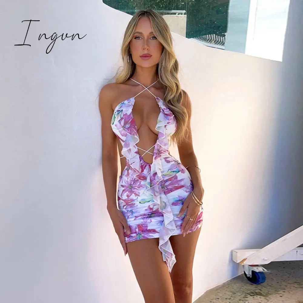 Ingvn - Hollow Out Ruffle Sexy Mini Dress For Women Robe Summer New Halter Backless Bodycon Beach Holiday Party Dress Vestido