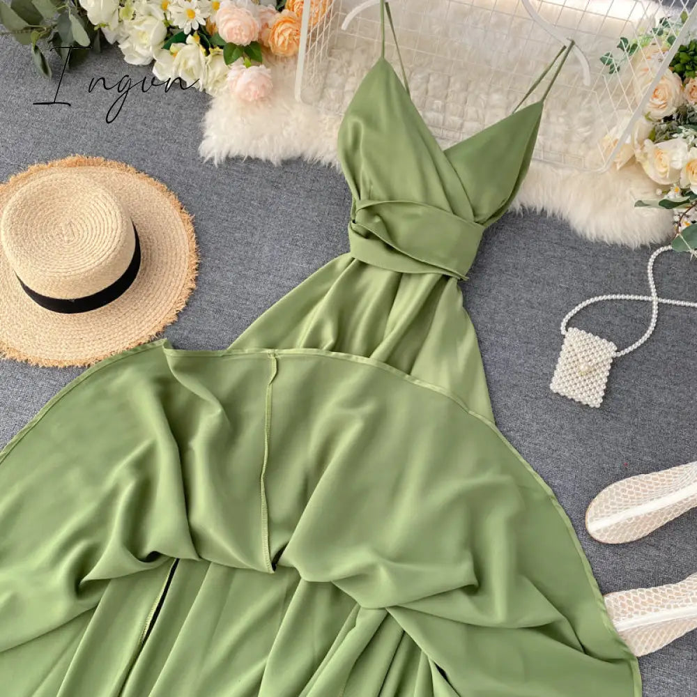 Ingvn - Boho Slim V Neck Summer bandage backless Maxi Long Dress Women Casual spaghetti strap Party Beach Holiday elegant tunic dress