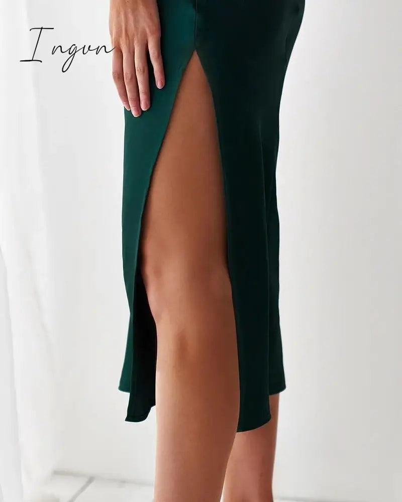 Ingvn - Summer Sleeveless Spaghetti Strap Black Silk Long Dress Sexy Backless Elegant Satin Bodycon Party Dress Woman Split Midi Dresses