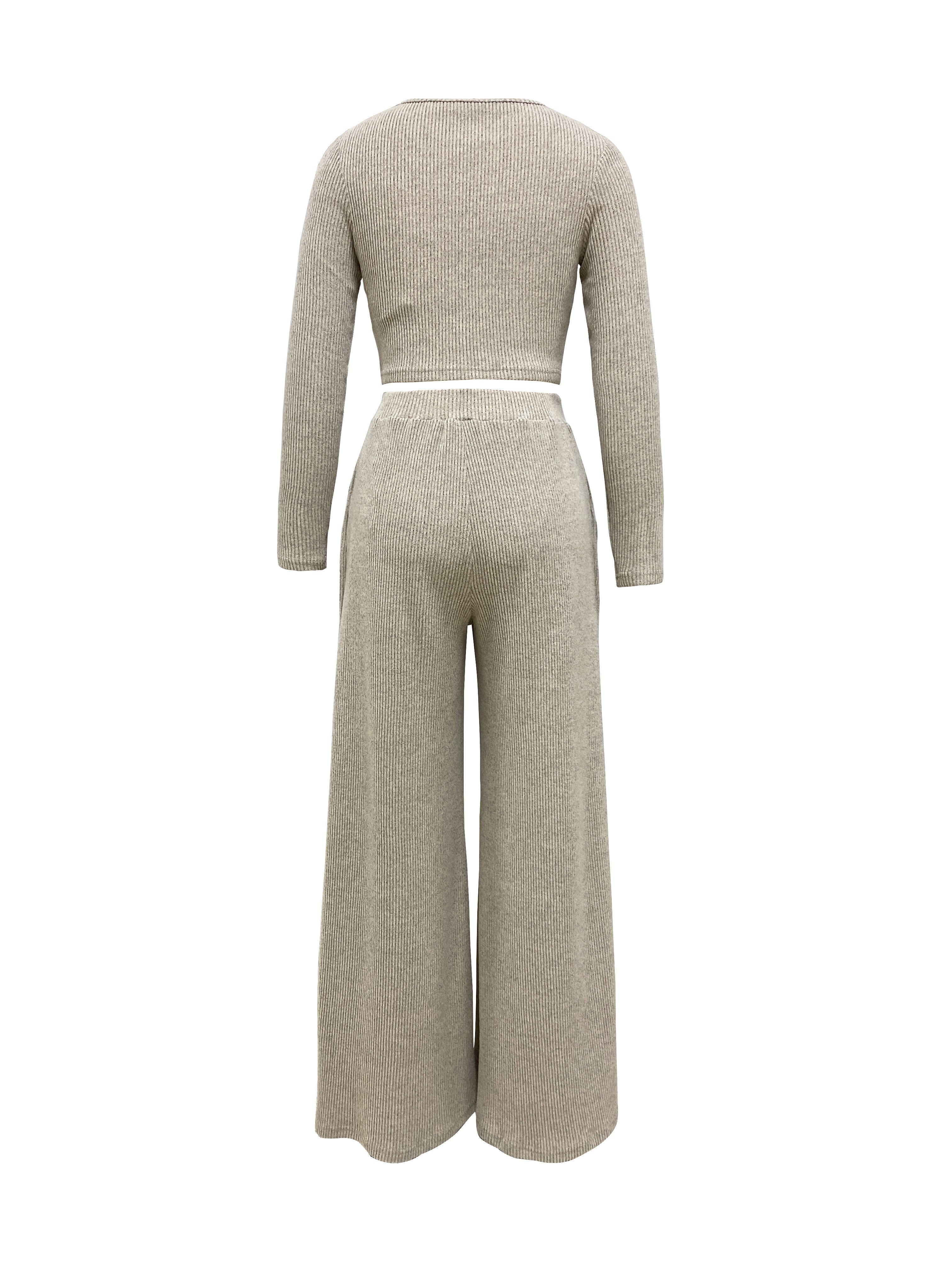 Chic Solid Two-Piece Set - Soft Knit Crew Neck Top & High Waist Wide Leg Pants - Comfortable Casual Outfit for Women