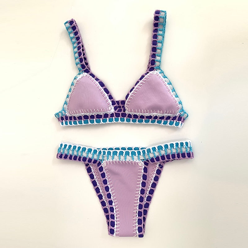 New Women Hand Crochet Knit Patchwork Sexy Bikini Set Female Handmade Swimwear With Elastic Swimsuit Beachwear
