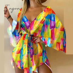 Ingvn - Summer Outfits Casual Leaf Leopard Print Harajuku Batwing Sleeve Dress Lady Elegant Lace-Up Irregular Party Dress Sexy V-Neck Women Mini Dress