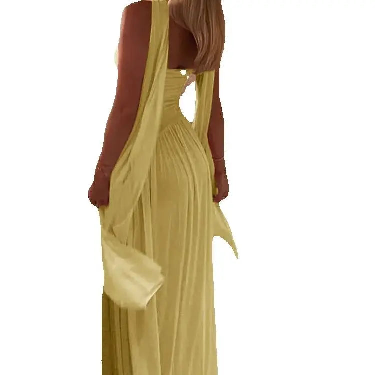 Temperament Mesh Patchwork Maxi Dress Women Solid Scarf+Sexy Backless Strapless Ruffles Midnight Banquet Party Outfits