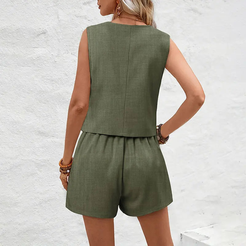 Summer Women Elegant Solid Waistcoat Shorts Set Sleeveless Vest Top+High Waist Slim Shorts Lady Office Casual 2 Pieces Set
