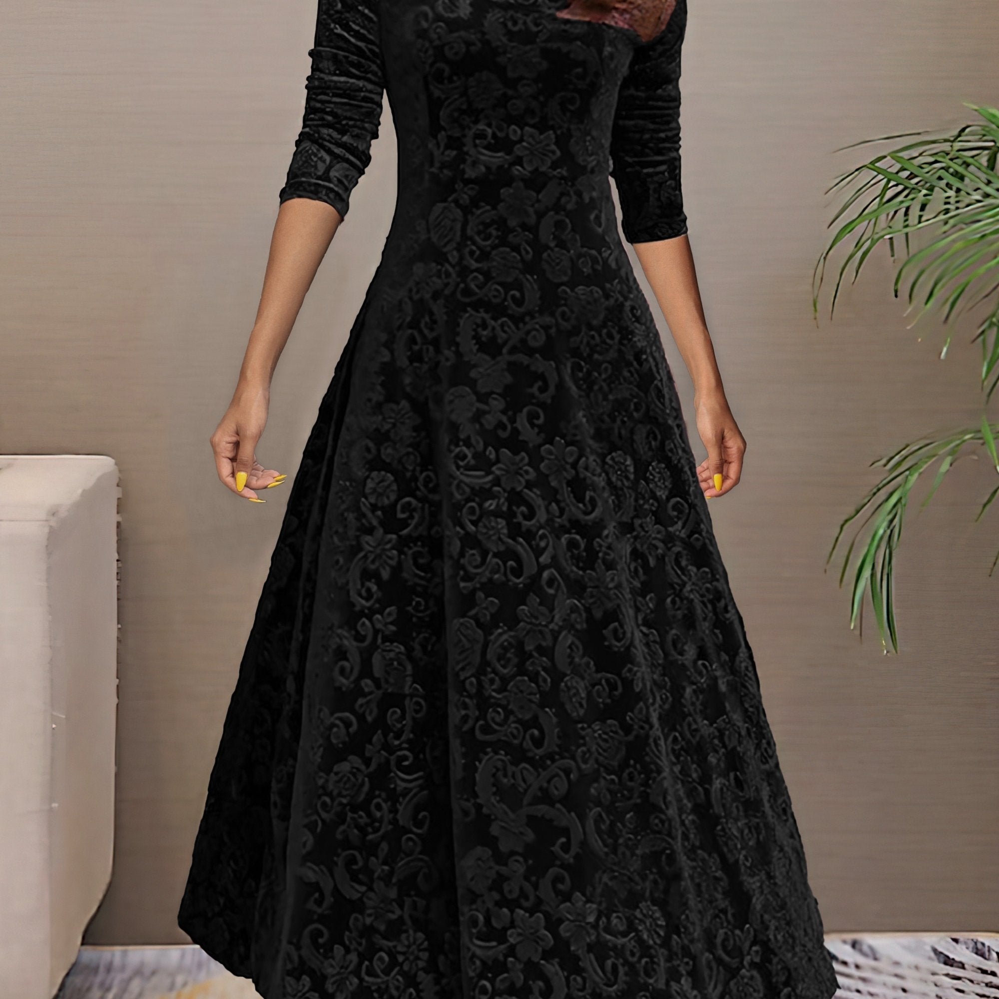 Vibrant Polyester Long Sleeve V-Neck Flared Dress - Elegant, High-Elasticity, Random Print, Machine Washable, All-Season Apparel for Women - Perfect for Spring and Fall Occasions
