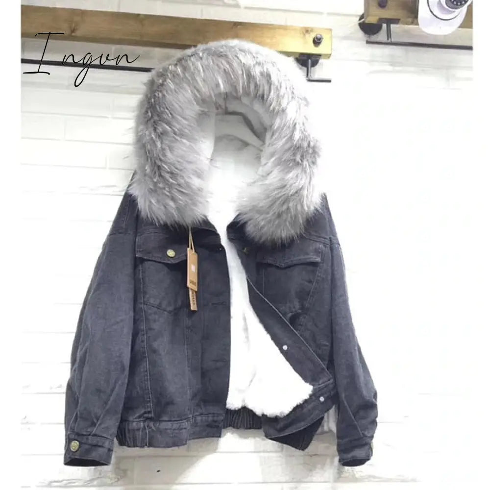 Ingvn - velvet thick denim jacket female winter big faux fur collar Korea denim  coat female student short coat