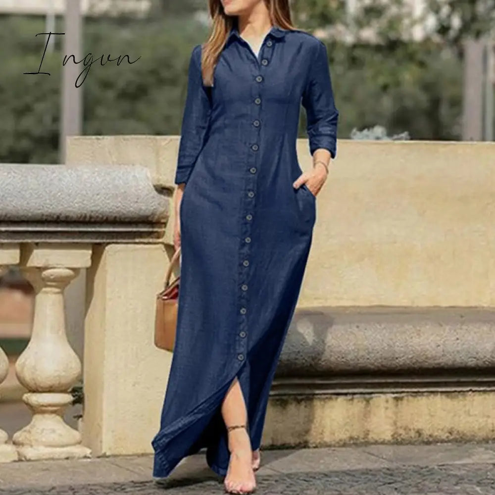 Ingvn - Casual Shirt Dress Women Turn-Down Collar Long Dresses Office Ladies Single Breasted Maxi Dress Party Dresses Vestidos Robe