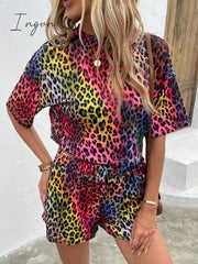 Ingvn - Leopard Round Neck Dropped Shoulder Half Sleeve Top and Shorts Set