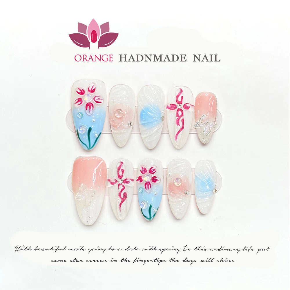 Handmade New Press On Nails Blue Baroque Premium Temperament Reusable Fake Nails Artificial Manicuree Wearable Orange Nail Store