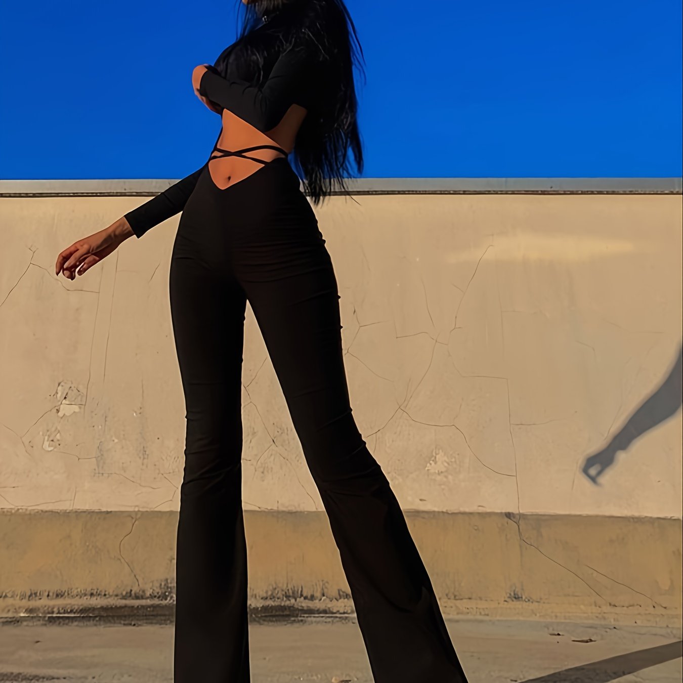Solid Black High Waist Flare Leggings with Open Navel Criss Cross Straps - Body-Conforming & Fashion-Forward Wide Pants for Women