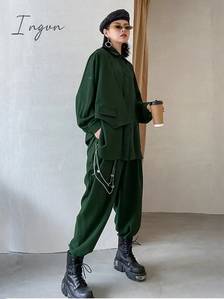 Ingvn - Wide Leg Pants Irregular Big Size Two Piece Suit New Lapel Long Sleeve Loose Fit Women Fashion Spring Autumn