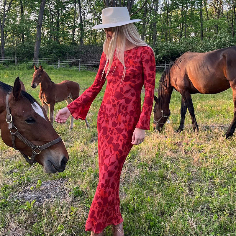Pphmm 2000s fashion Bohemian Summer New Printed Dress Women's Style Sexy Hot Girl Perspective round Neck Long Sleeve Dress