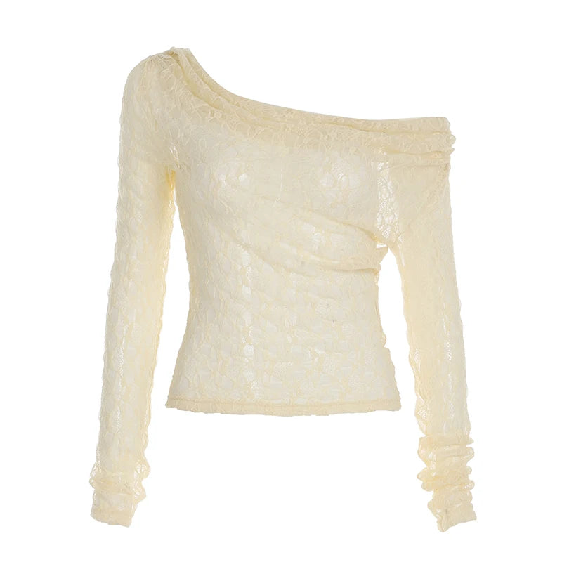 Transparent Lace Crop Top Asymmetrical Off-shoulder Long Sleeve Smock T-shirts Women Summer Casual Tees y2k Vintage Tees