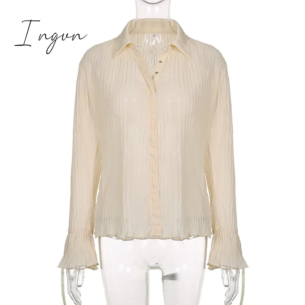 Ingvn - Hot Sell Vintage White Folds Cute Y2K Shirts Women Elegant Fashion Flared Sleeve Button Tops See Through Sexy Mesh Girl Tees