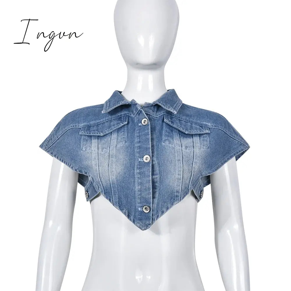 Ingvn - Sexy Sleeveless Single-breasted Blue Denim Vest Women's Turn-down Collar Cut Out Short Jean Jacket All-match Tank Coats