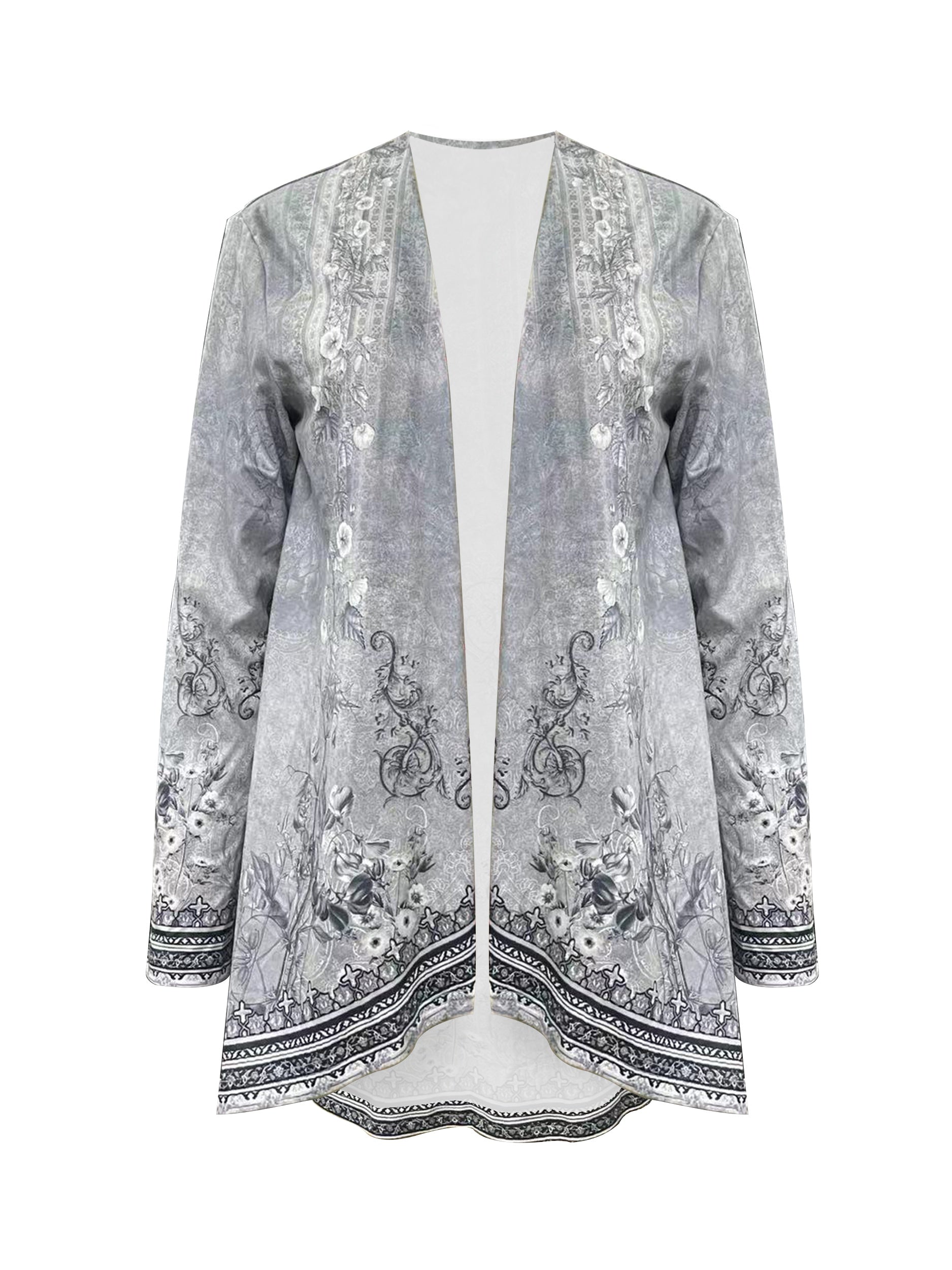 Floral Print Open Front Tunics, Casual Dipped Hem Long Sleeve Outwear For Spring & Fall, Women's Clothing