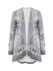 Floral Print Open Front Tunics, Casual Dipped Hem Long Sleeve Outwear For Spring & Fall, Women's Clothing