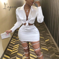 Ingvn - Women Silky Satin 2 Two Piece Set Lace Up Long Sleeve Crop Top Skirt Autumn Winter Clothes Fashion Sexy Outfits