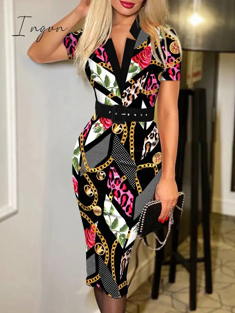Ingvn - Dresses For Women Long Sleeve Floral Print Tie Front Work Dress With Belt Midi Vestidos De Mujer Casual