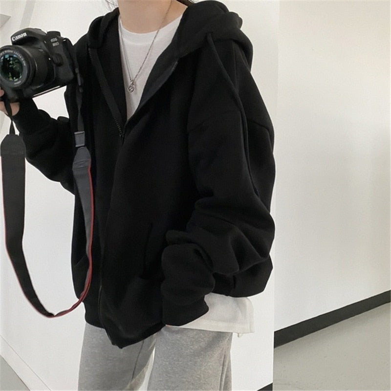 VOGUABLE  Women Hoodies Harajuku Korean Version Zip Up Loose Oversized Sweatshirts Casual Solid Color Long Sleeve Hooded Sweatshirt Coats
