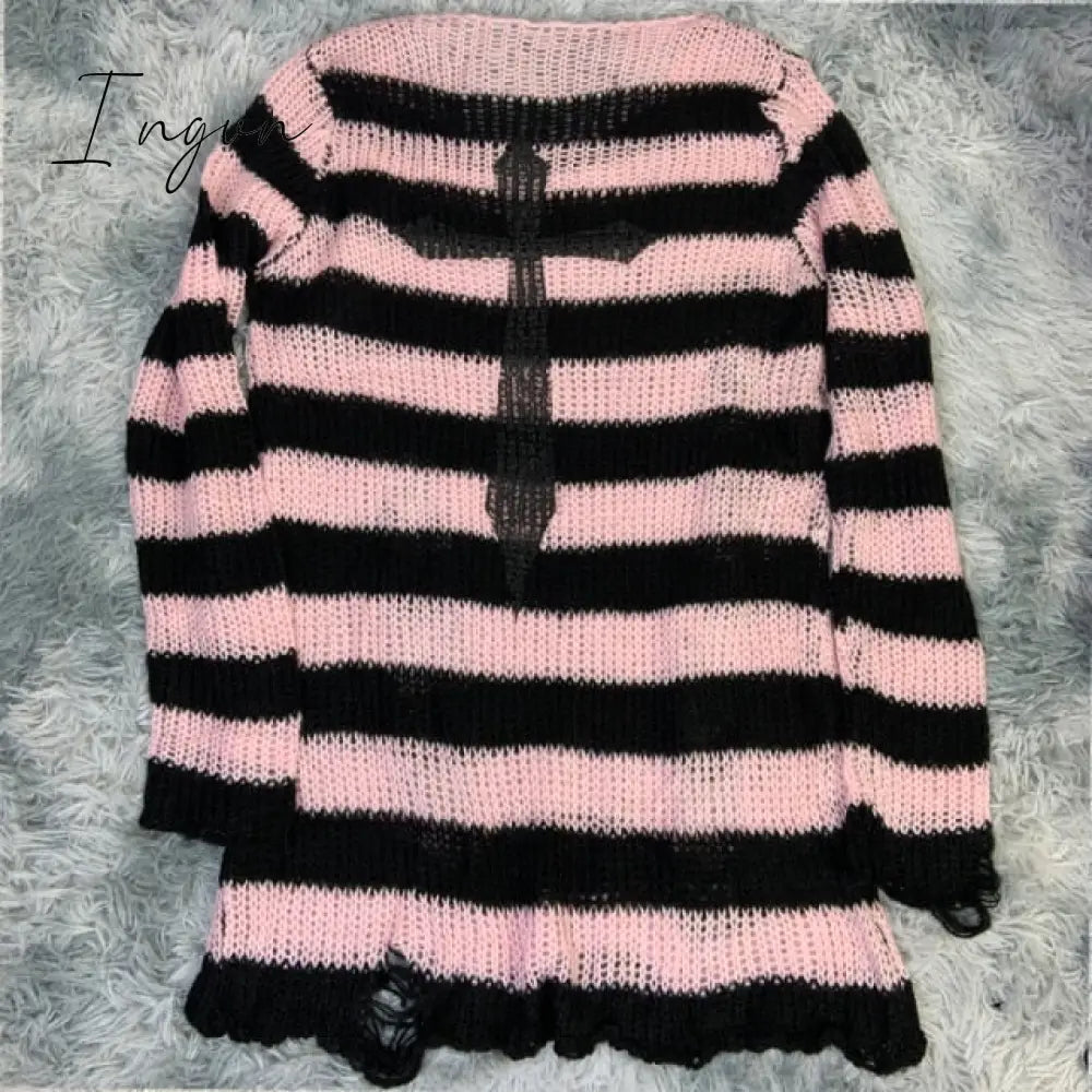 Ingvn - Plus Size Punk Gothic Long Unisex Sweater Dress Women Man Striped Cool Hollow Out Hole Broken Jumper Loose Rock Thin Sweter
