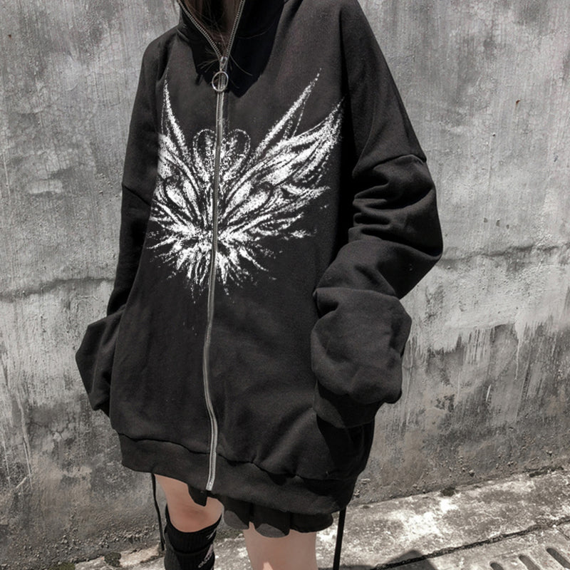 Y2K Retro Dark Gray Butterfly Zipper Hooded Sweatshirt 90s Harajuku Punk Gothic Zip Up Hoodie Long-sleeved Loose Jacket