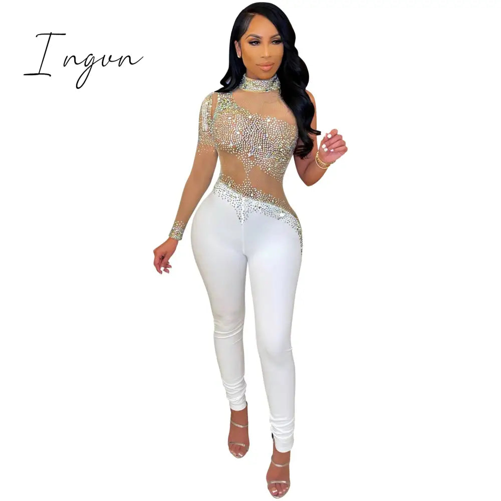 Ingvn - Sheer Mesh Diamonds Sequined Pearls High Split Long Dress For Women Straps Bodycon Long Vestidos Night Party Rhinestone Outfits