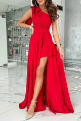 Ingvn - Casual Simplicity Solid Asymmetrical With Bow Oblique Collar Irregular Dress Dresses