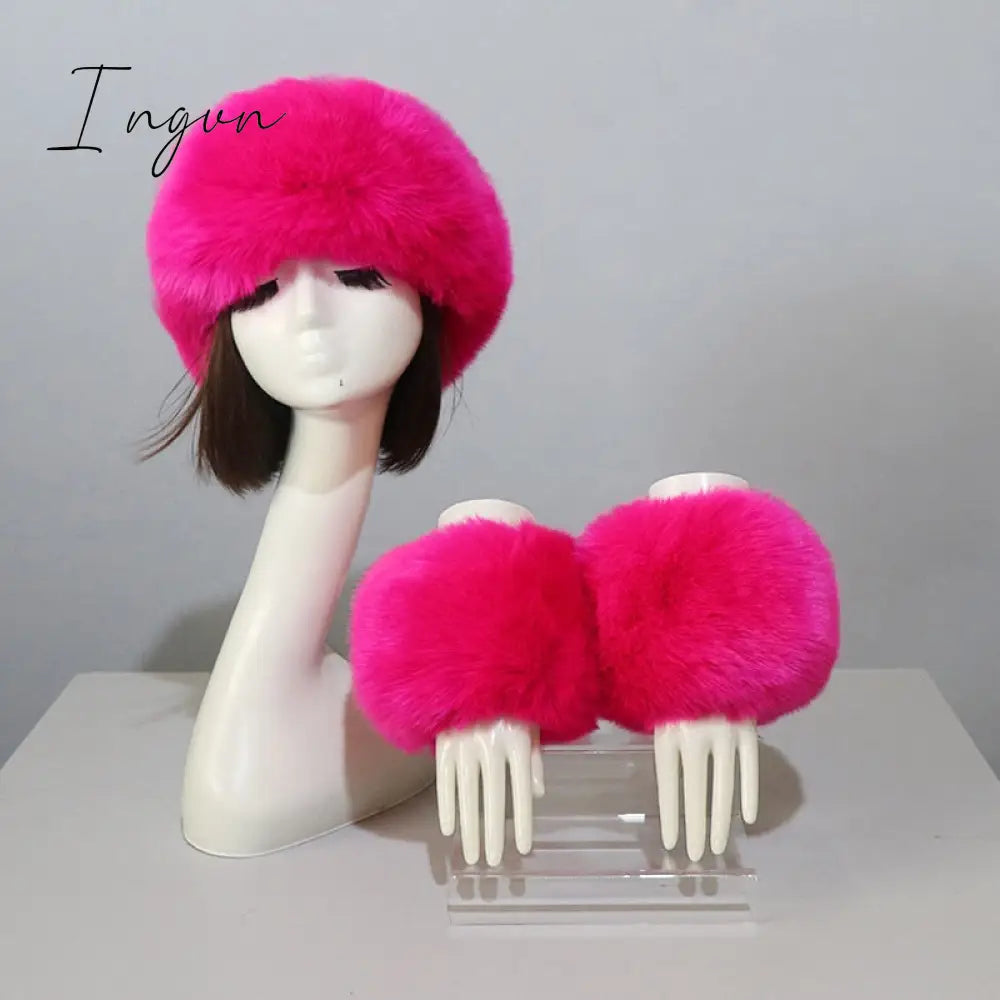 Ingvn - New Autumn Winter Caps Female Hats Cuffs Set Fashion Warmth Imitation Quality Design Faux Fur Hat Fox Fur Sleeves Suit Accessary