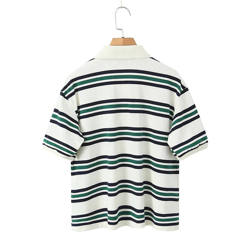 Women American Retro Contrasting Striped T Shirt Women Polo Collar Short Sleeve Preppy Vintage Tees Y2K Tops