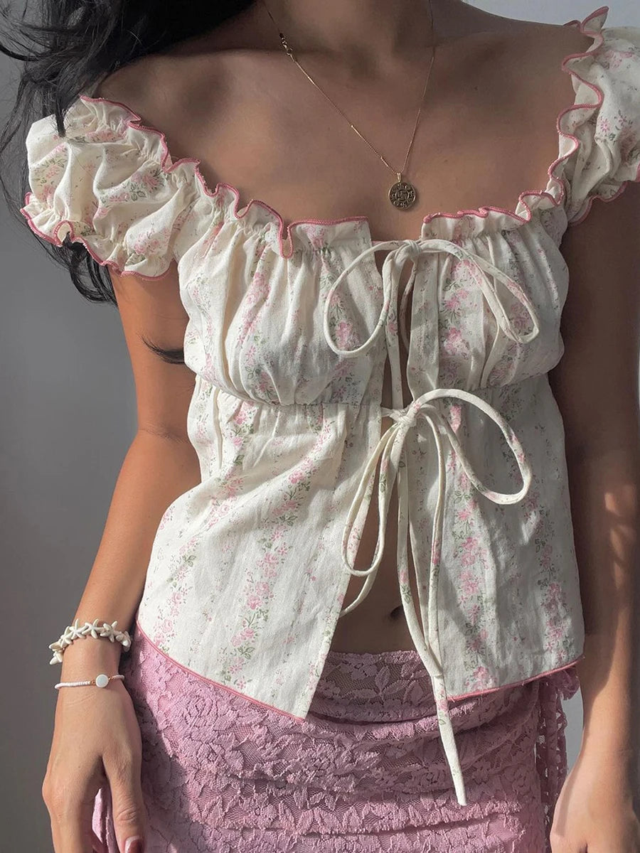 Women's Floral Print Tops Cap Sleeve Tie-up Front Slim Fit Frill Shirts Summer Cropped Blouses Y2K Clothes
