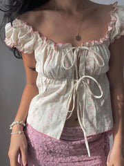 Women's Floral Print Tops Cap Sleeve Tie-up Front Slim Fit Frill Shirts Summer Cropped Blouses Y2K Clothes