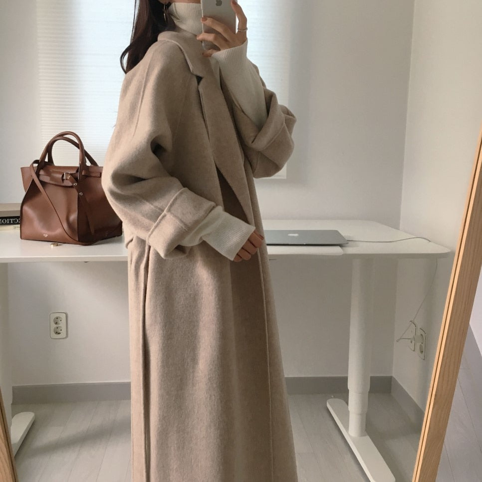 Autumn Winter Thicken Loose Wool & Blend Coats Women Elegant Lapel Full Sleeve Lace-up Oversized Female Outwear