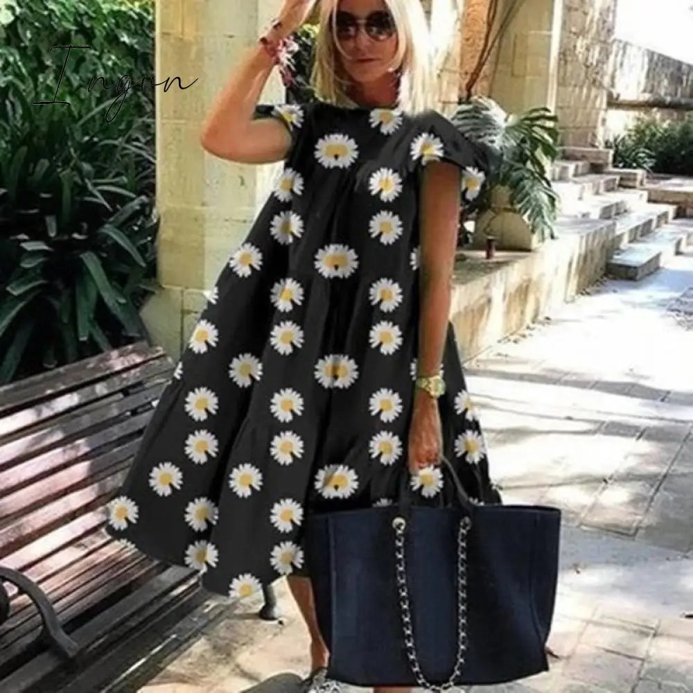 Ingvn - New Summer Solid Color Women Dress Short Sleeve Loose Chic Pleated Dress Beach Casual White Black Pink Dress Lady Vestidos