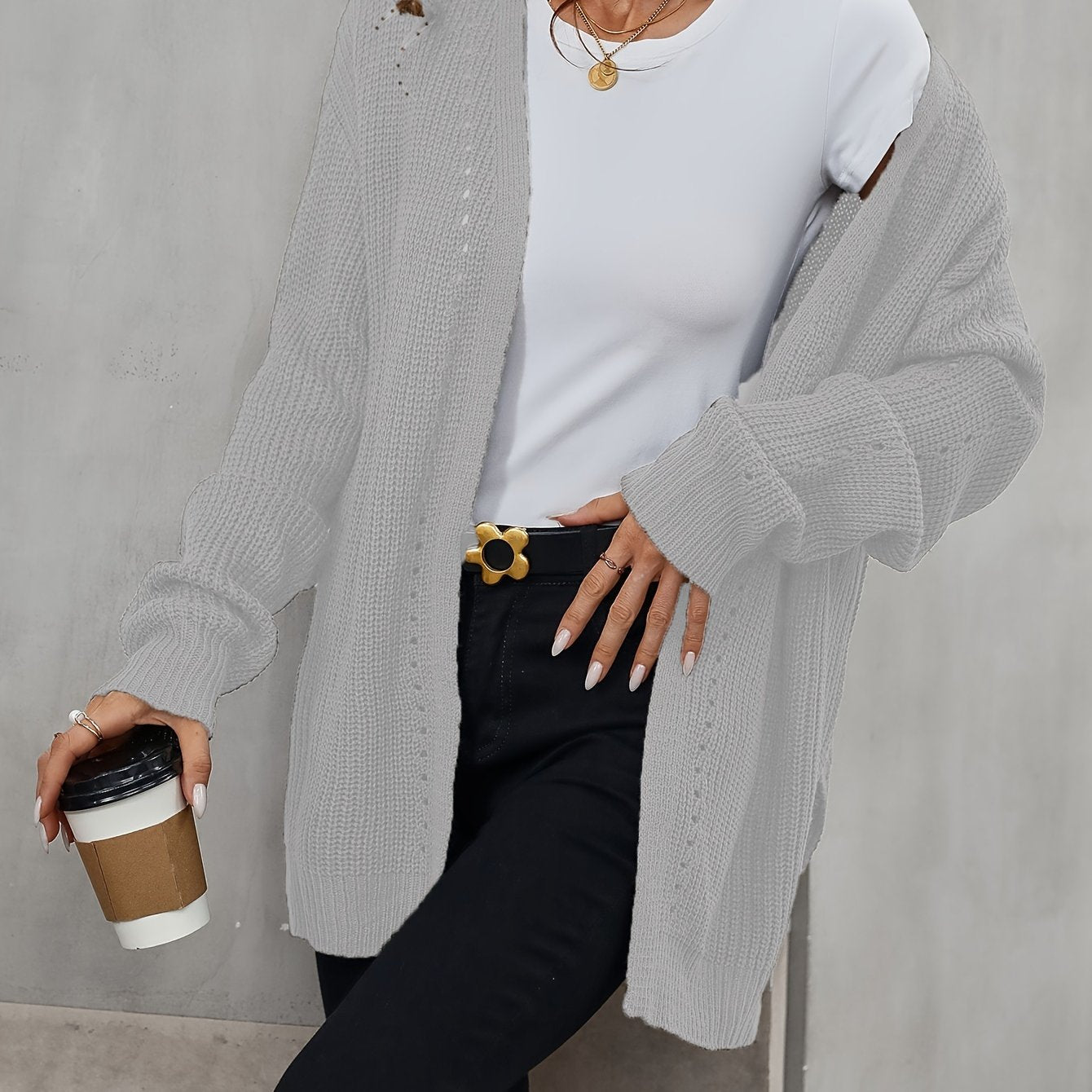 Solid Color Open Front Cardigan, Casual Long Sleeve Cardigan For Fall & Winter, Women's Clothing